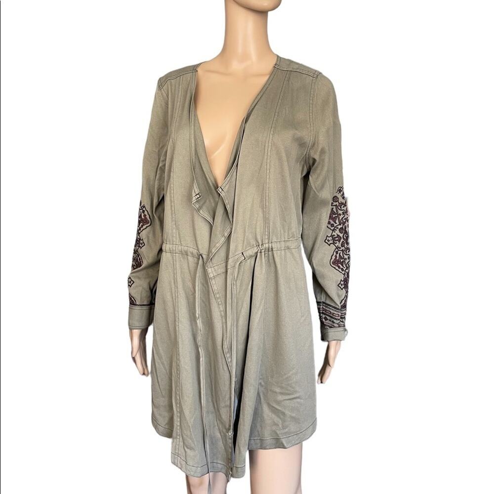 Knox Rose Embroidered Jacket Womens M Olive Green Open Cascade Drawstring Waist